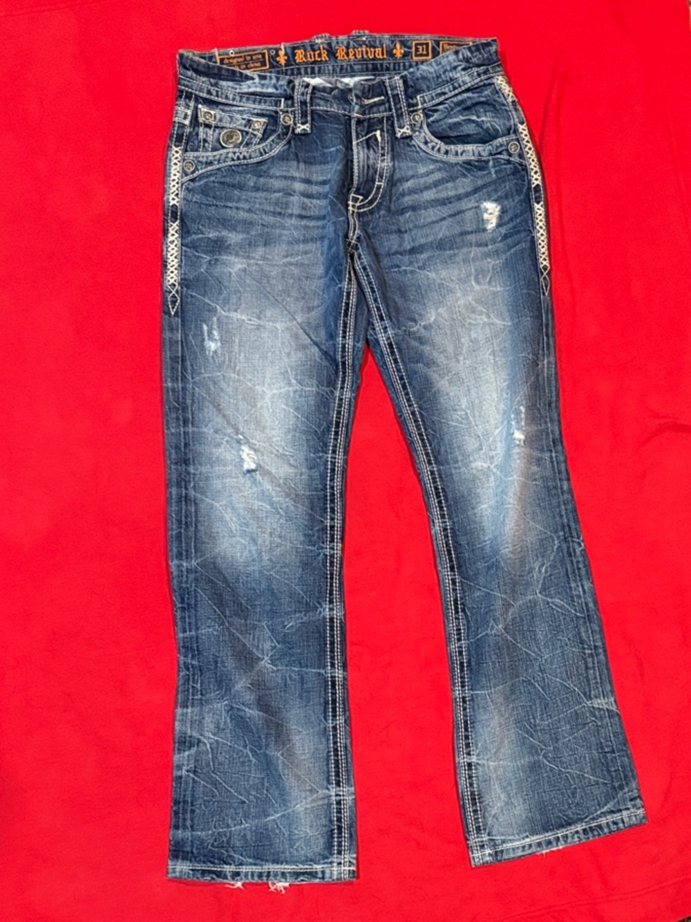 Rock Revival Benjamin Men’s Jeans 31 Distressed Fleur De Lis Straight Bootcut - Picture 5 of 6